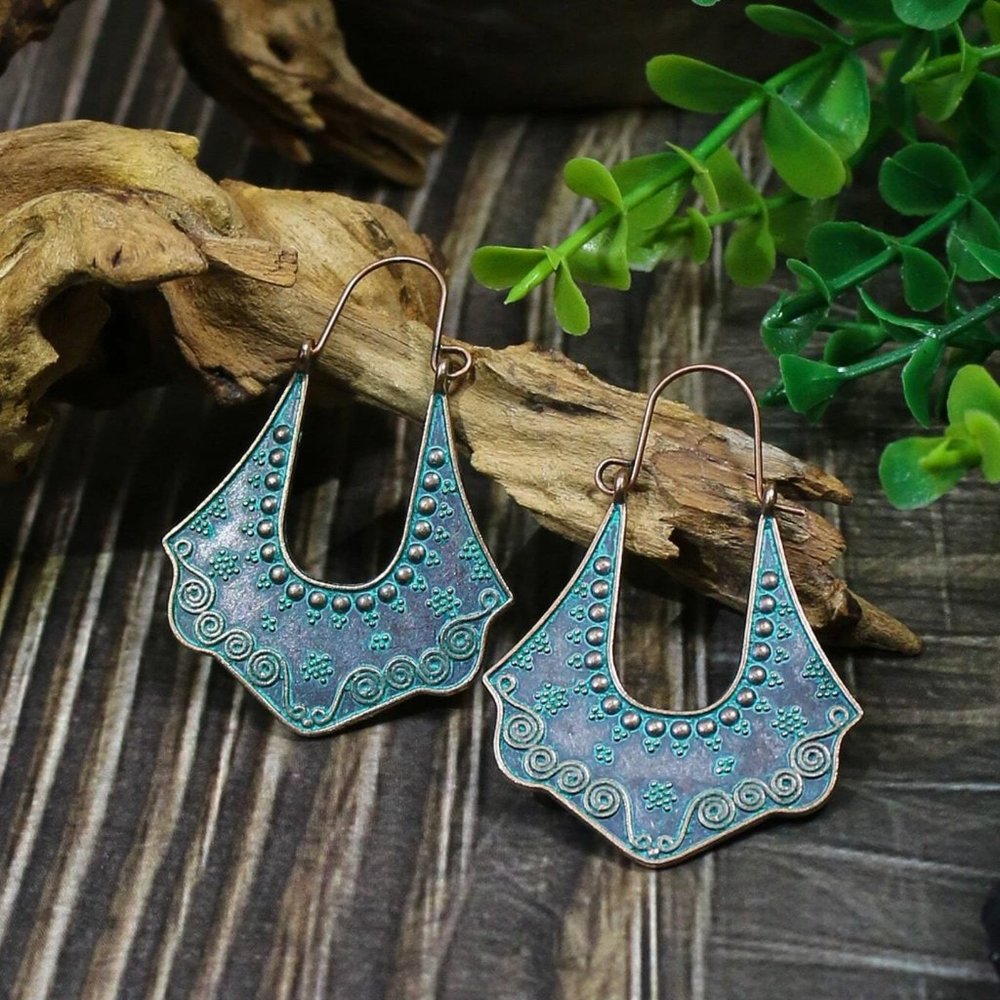 Boho Turquoise Patina Statement Earrings Embossed Drop Dangle